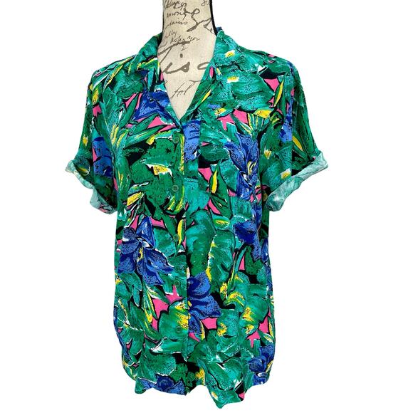 Vintage 90s Women's JAFF Floral Green Floral Button Up Top - Size Large - Picture 9 of 9